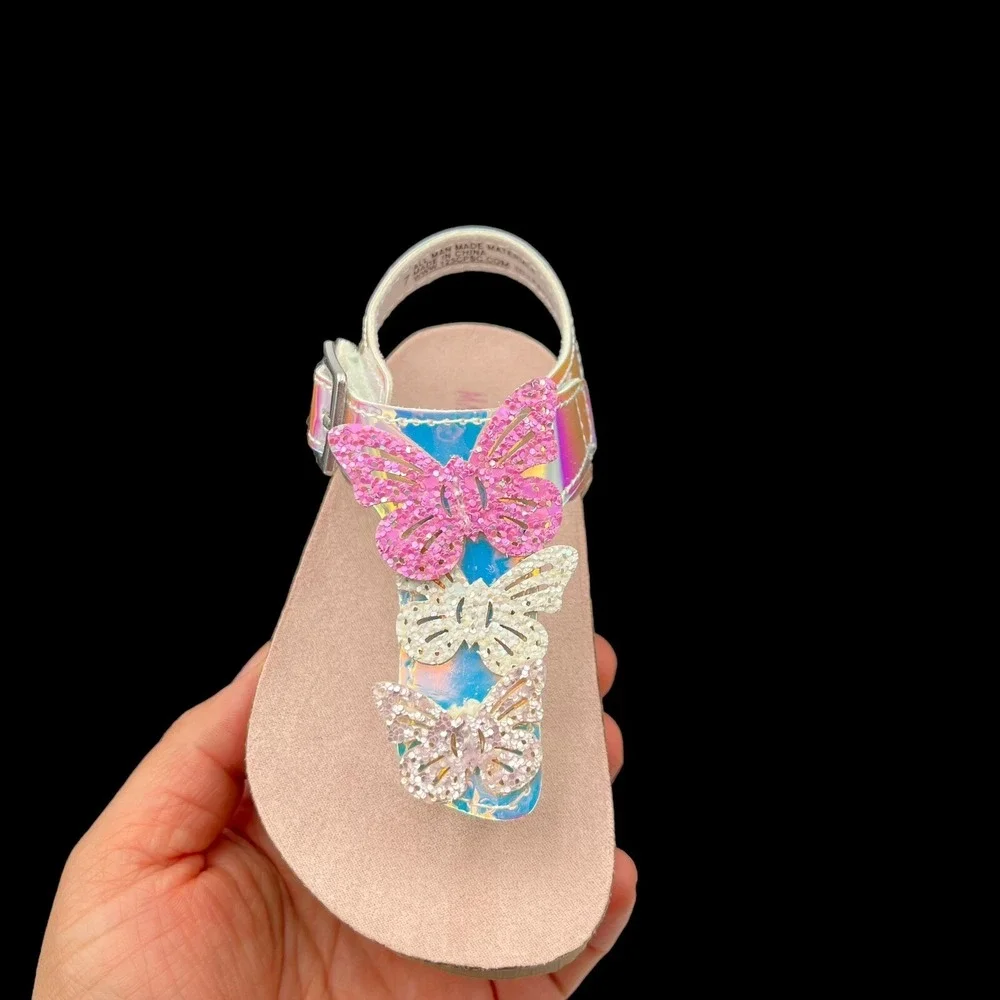 Maggie & Zoe Toddler Girls Butterfly Thong Sandals Size 6 Silver-Tan Lightweight